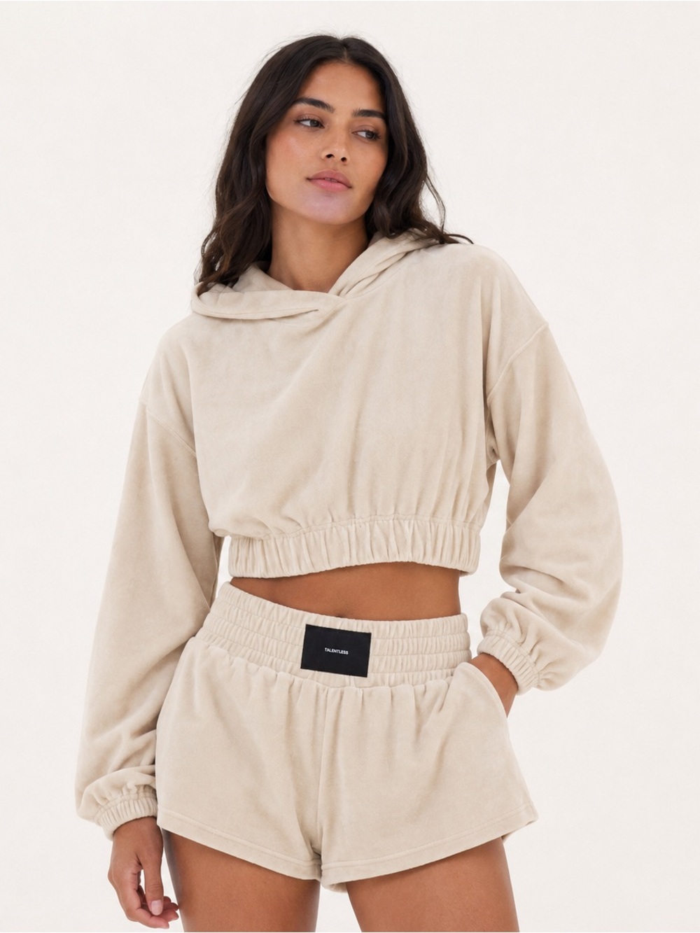 Talentless Cropped Hoodie Cream Boxy French Terry Medium